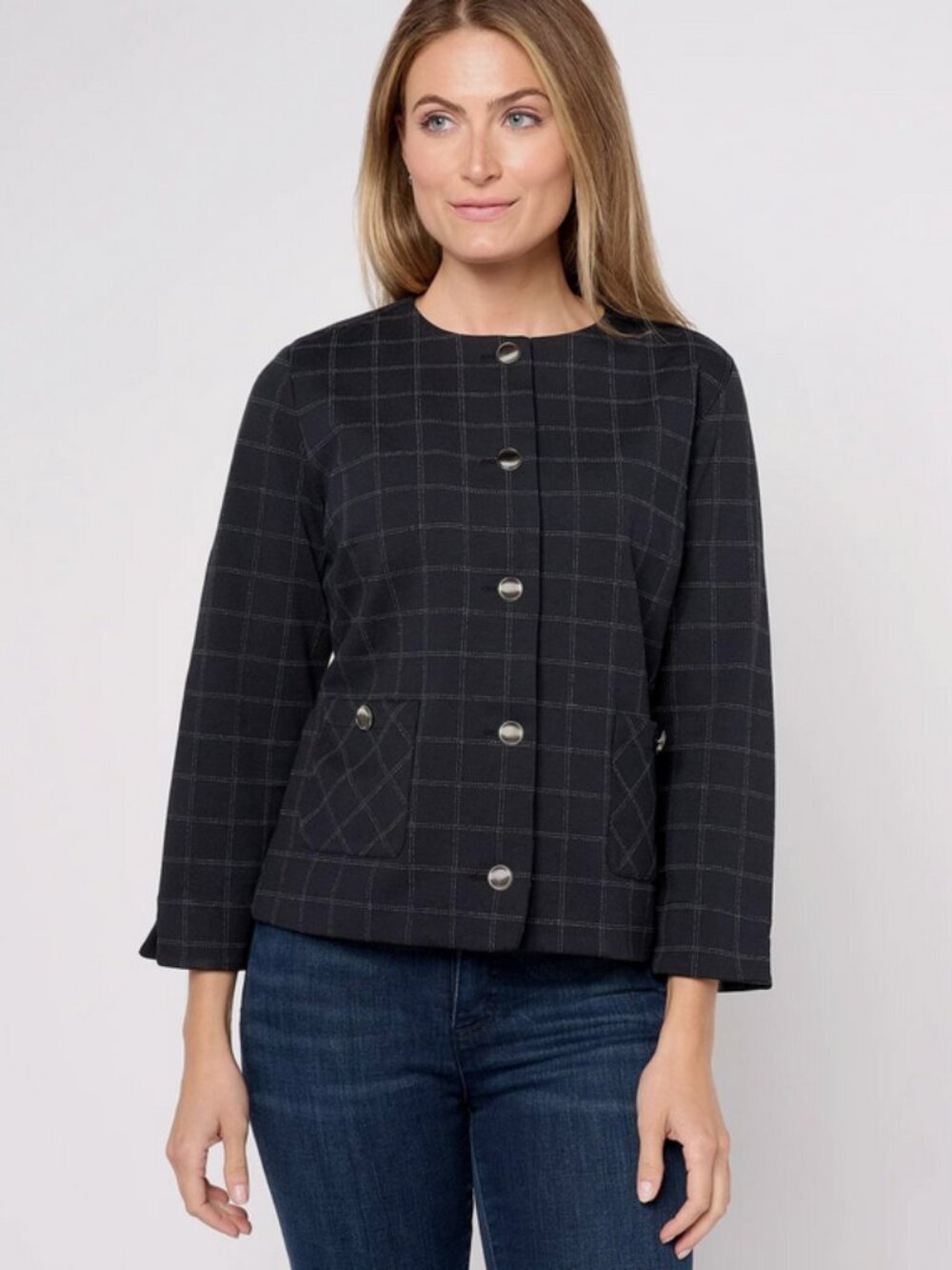 Isaac Mizrahi Live! Windowpane Yarn Dye Ponte Jacket Pitch Black Size 5X